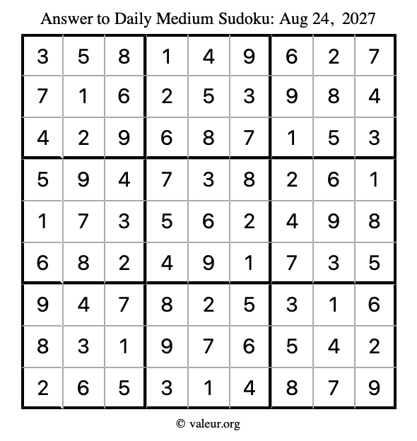 Answer to medium sudoku August 24, 2027