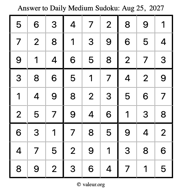 Answer to medium sudoku August 25, 2027