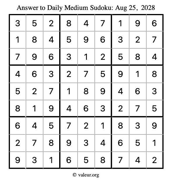 Answer to medium sudoku August 25, 2028