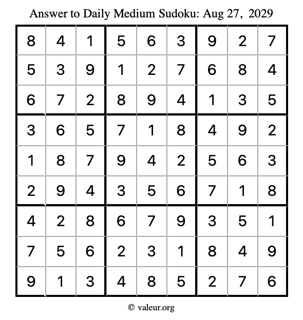 Answer to medium sudoku August 27, 2029