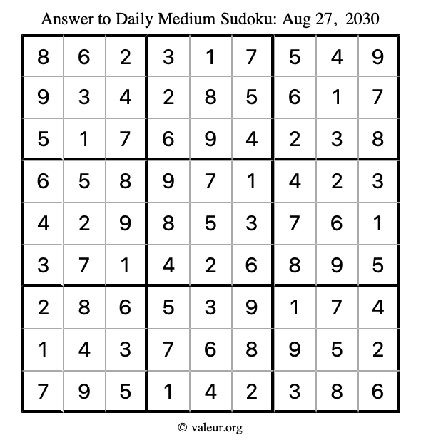 Answer to medium sudoku August 27, 2030