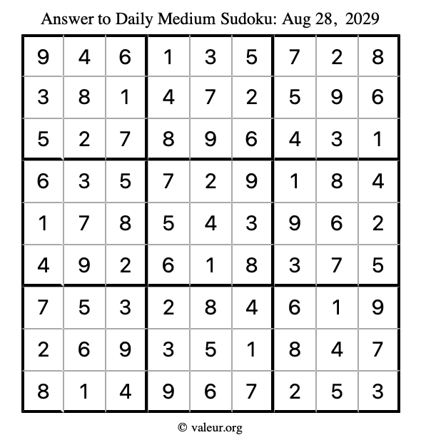 Answer to medium sudoku August 28, 2029