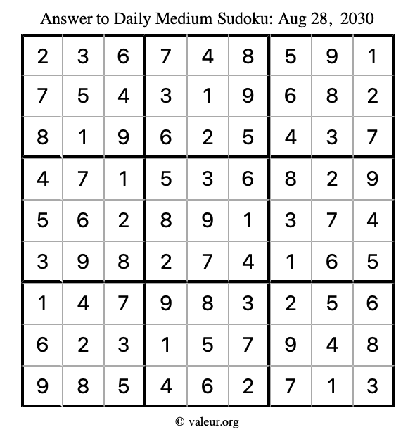 Answer to medium sudoku August 28, 2030