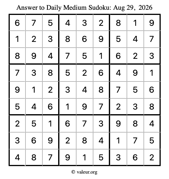 Answer to medium sudoku August 29, 2026