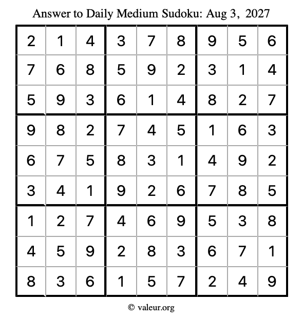 Answer to medium sudoku August 3, 2027