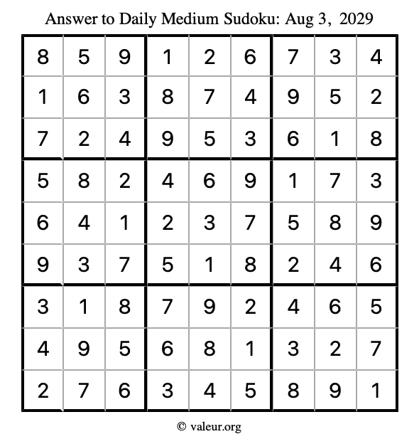 Answer to medium sudoku August 3, 2029