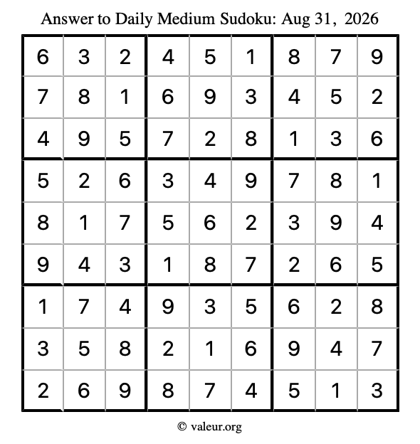 Answer to medium sudoku August 31, 2026