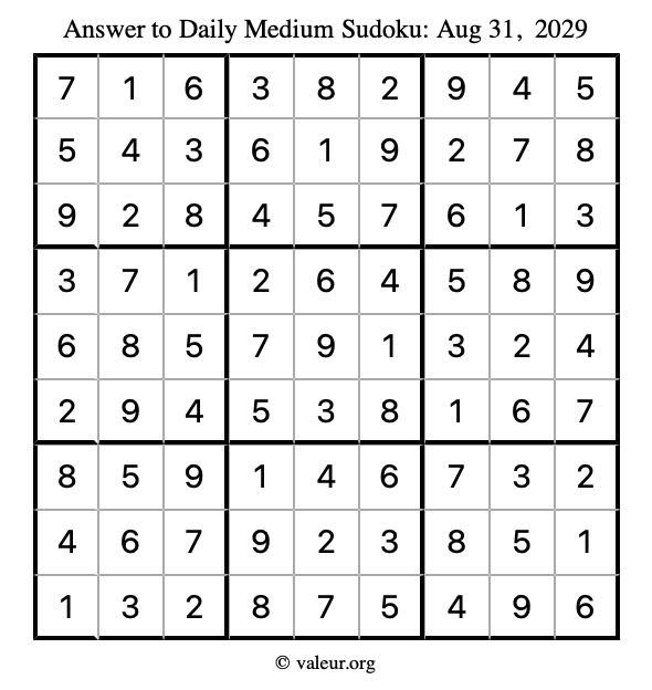 Answer to medium sudoku August 31, 2029