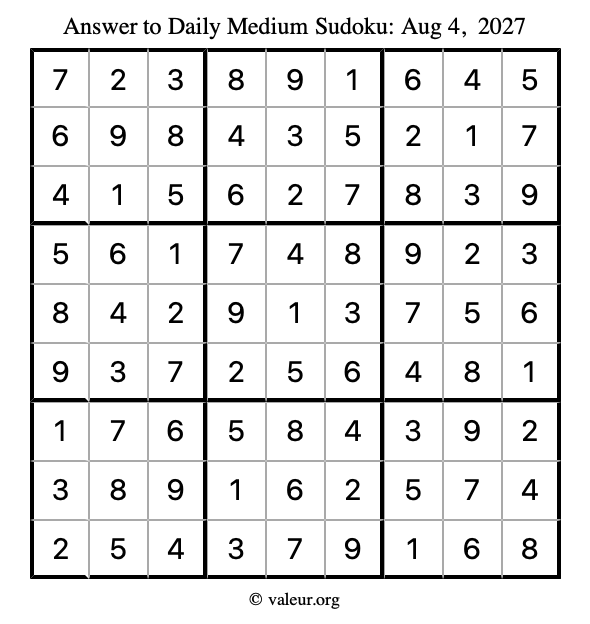 Answer to medium sudoku August 4, 2027