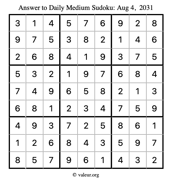 Answer to medium sudoku August 4, 2031