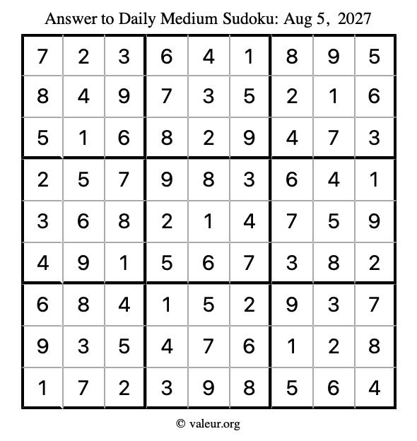 Answer to medium sudoku August 5, 2027