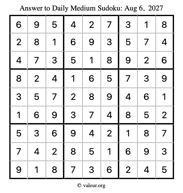 Answer to medium sudoku August 6, 2027