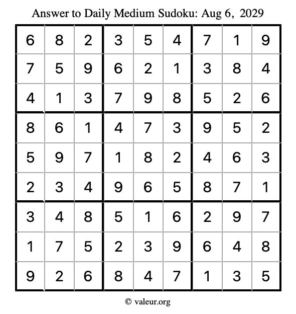 Answer to medium sudoku August 6, 2029