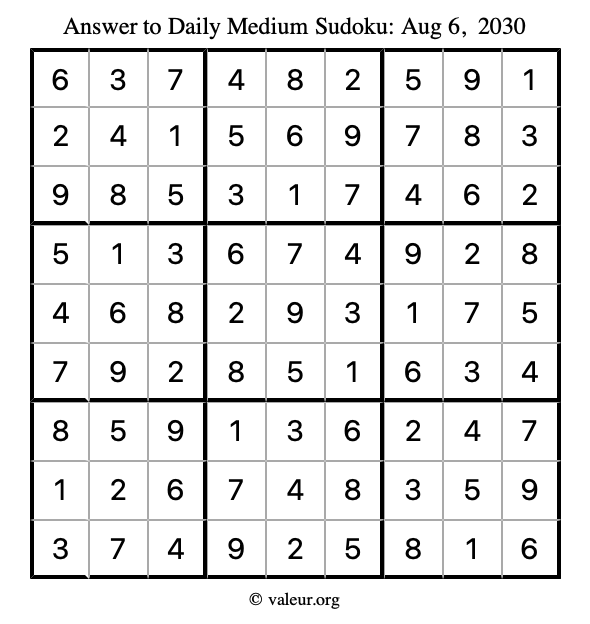 Answer to medium sudoku August 6, 2030