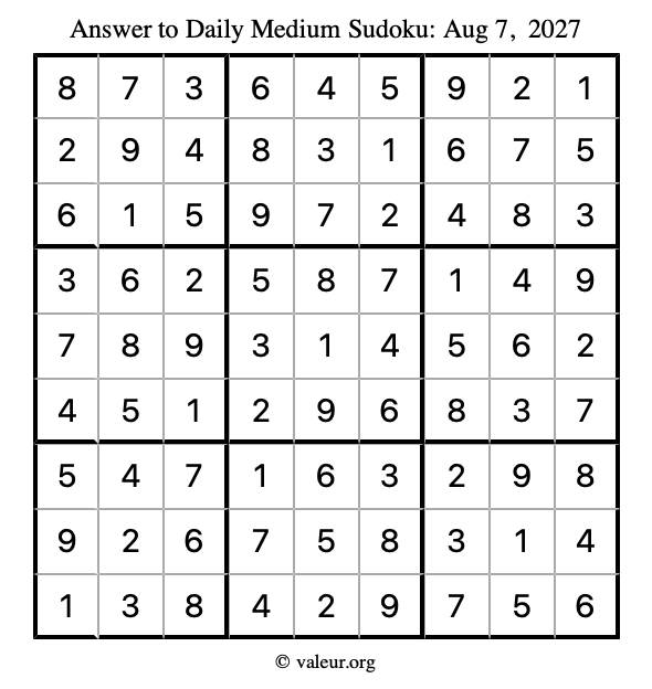 Answer to medium sudoku August 7, 2027