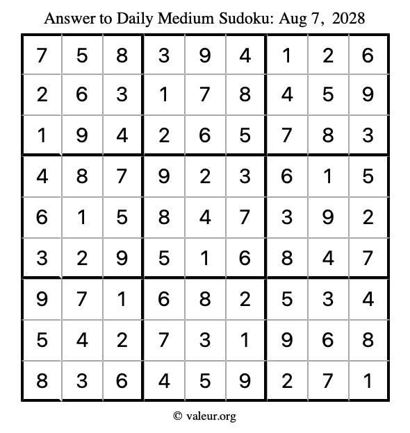 Answer to medium sudoku August 7, 2028