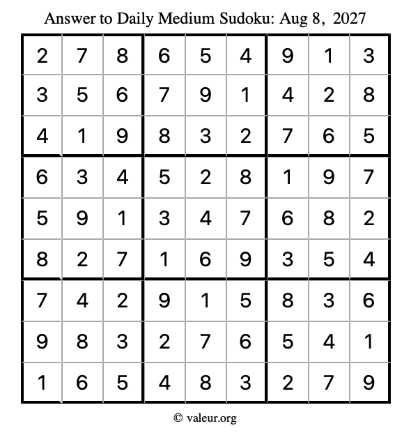 Answer to medium sudoku August 8, 2027