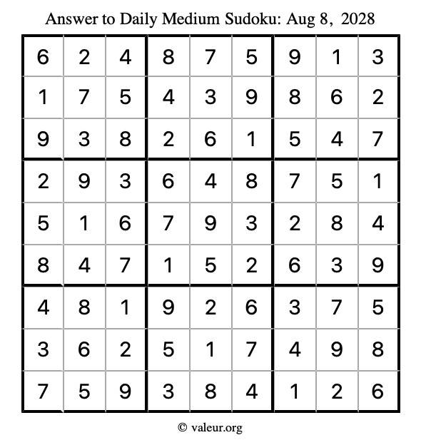 Answer to medium sudoku August 8, 2028