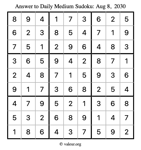 Answer to medium sudoku August 8, 2030