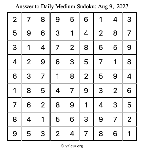 Answer to medium sudoku August 9, 2027