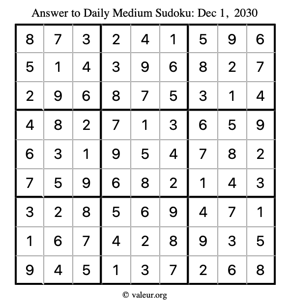 Answer to medium sudoku December 1, 2030