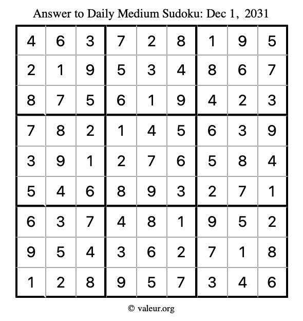 Answer to medium sudoku December 1, 2031