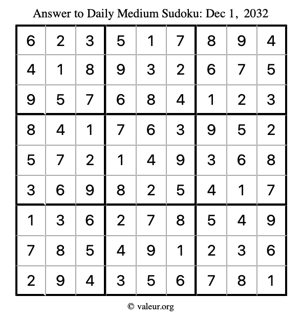 Answer to medium sudoku December 1, 2032
