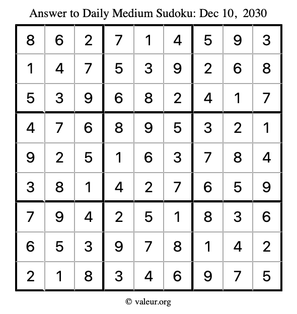 Answer to medium sudoku December 10, 2030