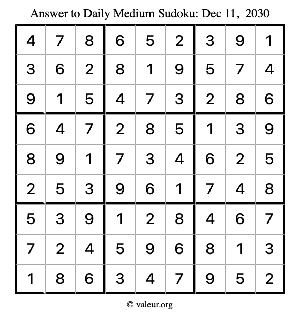 Answer to medium sudoku December 11, 2030