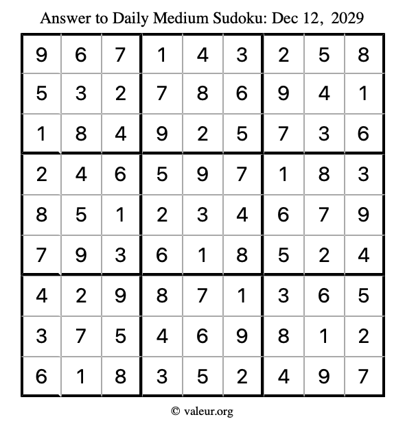 Answer to medium sudoku December 12, 2029