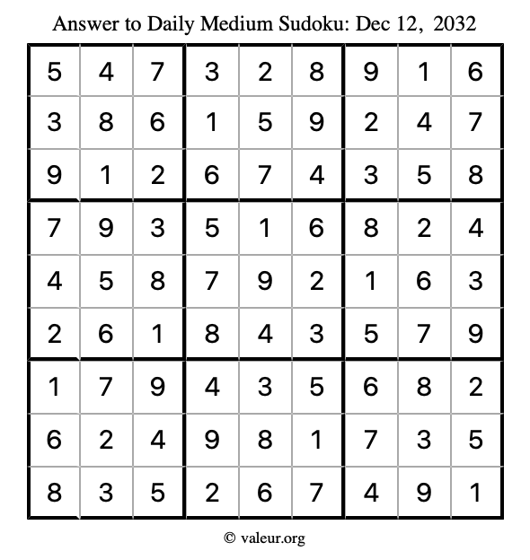Answer to medium sudoku December 12, 2032