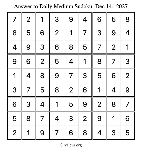 Answer to medium sudoku December 14, 2027