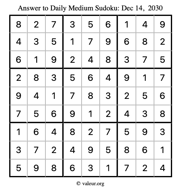 Answer to medium sudoku December 14, 2030
