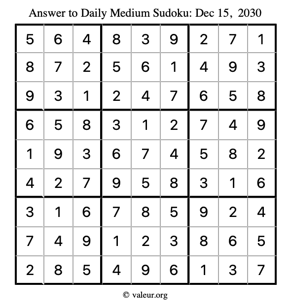 Answer to medium sudoku December 15, 2030