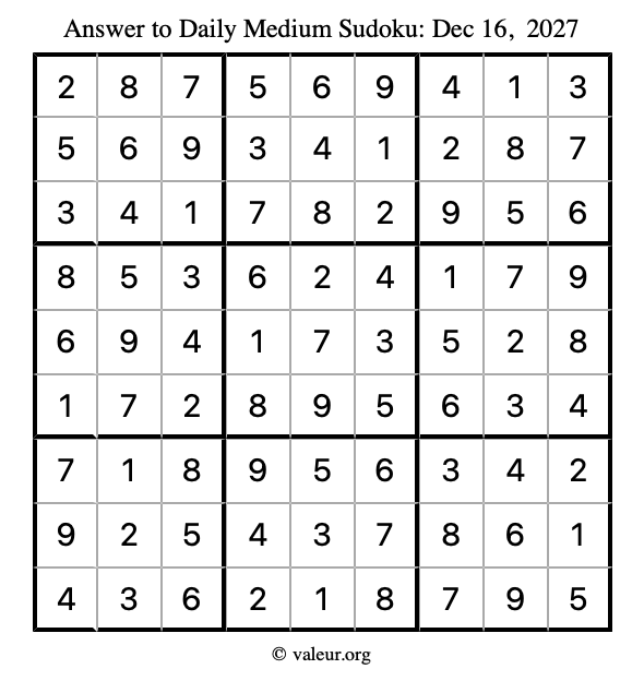 Answer to medium sudoku December 16, 2027