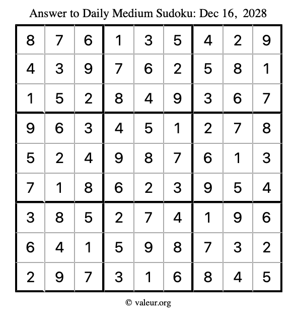 Answer to medium sudoku December 16, 2028