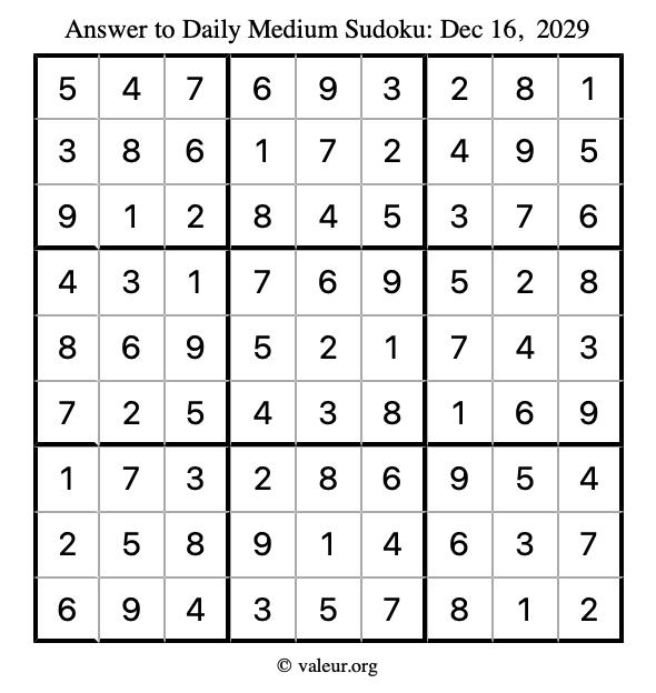 Answer to medium sudoku December 16, 2029