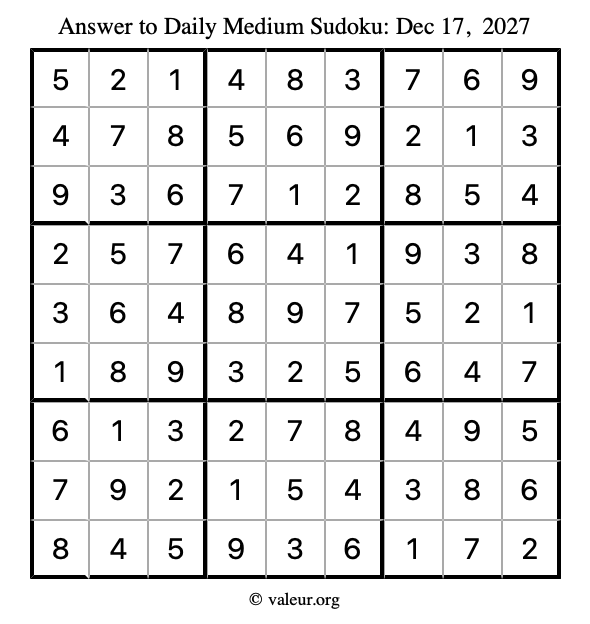 Answer to medium sudoku December 17, 2027