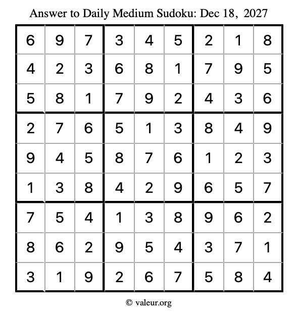 Answer to medium sudoku December 18, 2027