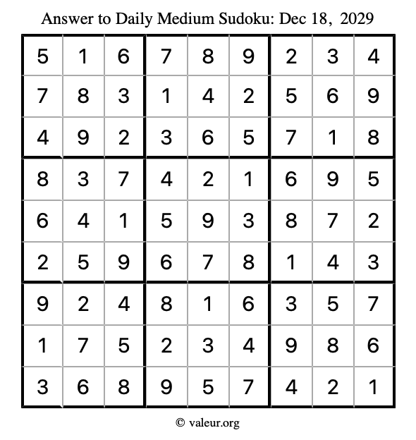 Answer to medium sudoku December 18, 2029