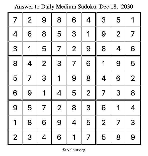 Answer to medium sudoku December 18, 2030