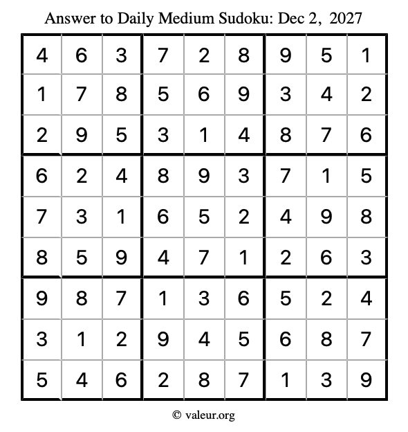 Answer to medium sudoku December 2, 2027