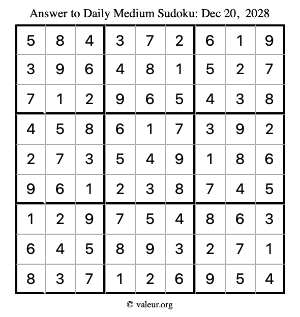 Answer to medium sudoku December 20, 2028