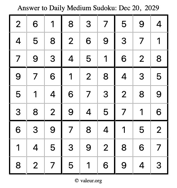 Answer to medium sudoku December 20, 2029