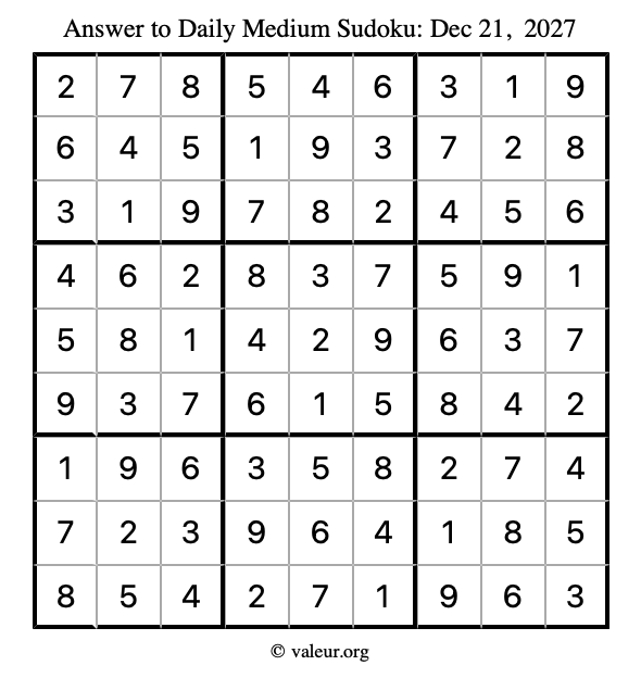 Answer to medium sudoku December 21, 2027