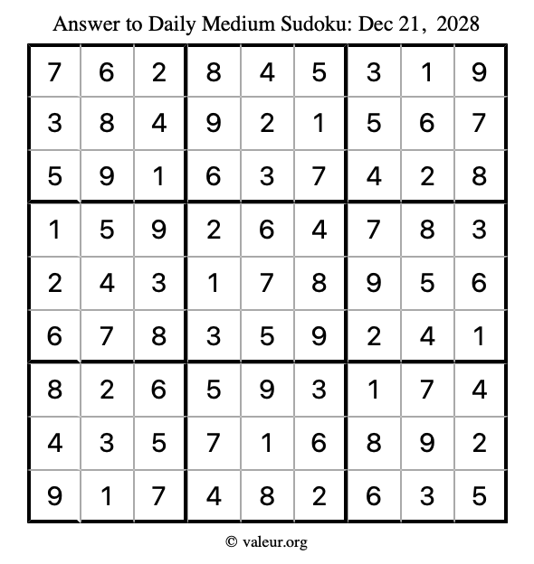 Answer to medium sudoku December 21, 2028