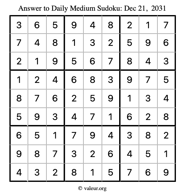 Answer to medium sudoku December 21, 2031