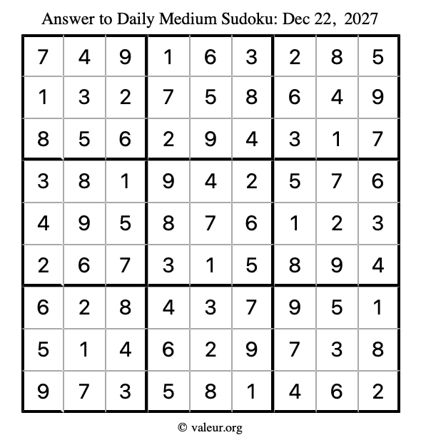 Answer to medium sudoku December 22, 2027