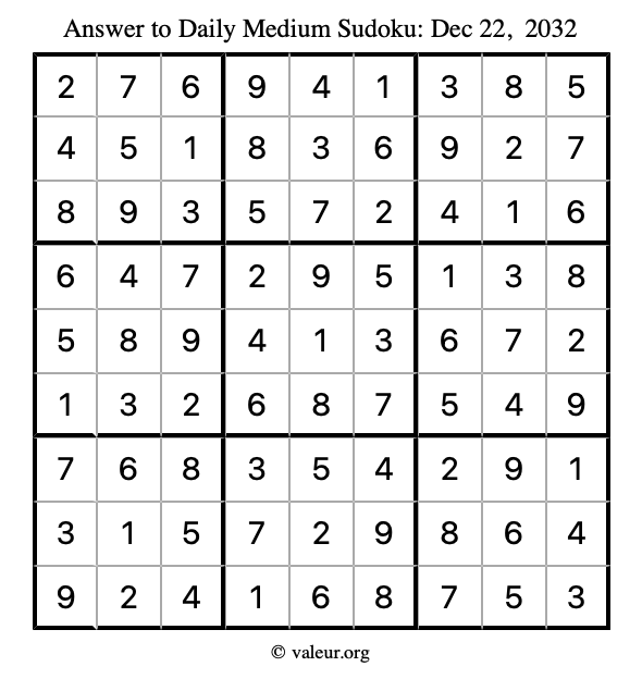 Answer to medium sudoku December 22, 2032