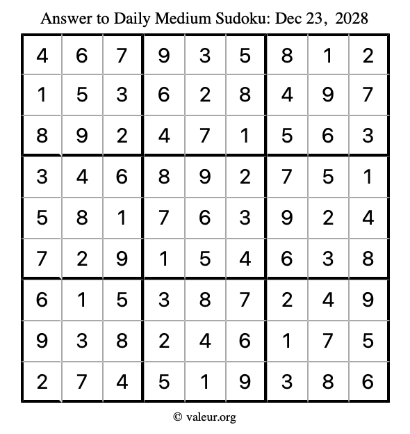 Answer to medium sudoku December 23, 2028